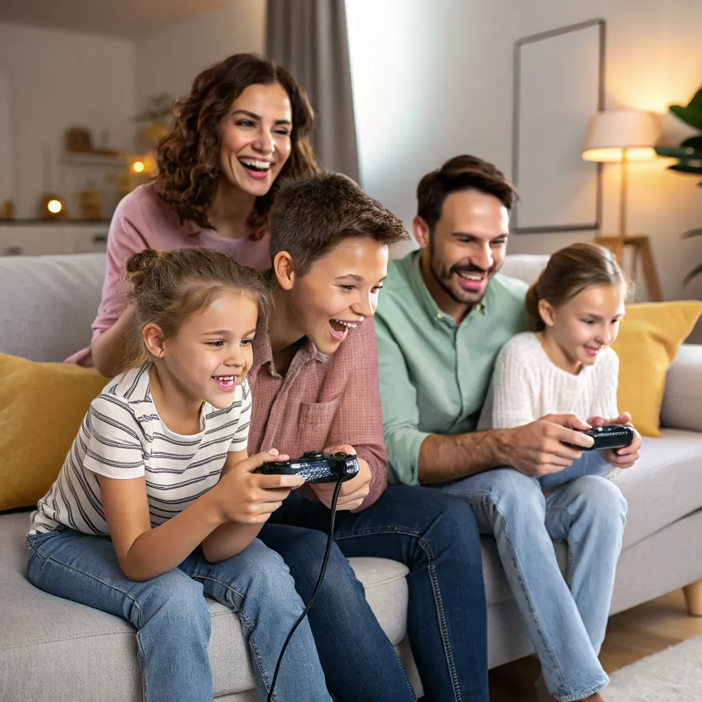 Family enjoying rented console